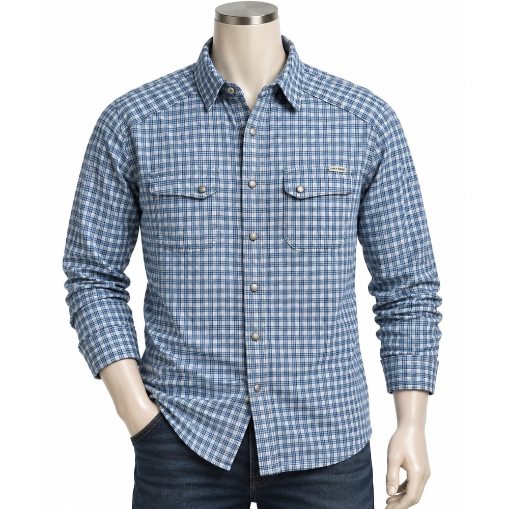 Lucky Brand Mens XL Classic Fit Blue Plaid Pearl Snap Long Button Down Shirt